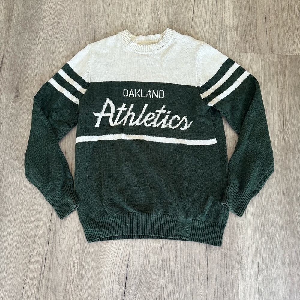 Vintage Unisex Hillflint Oakland Athletics Green and White Crew Neck Sweater